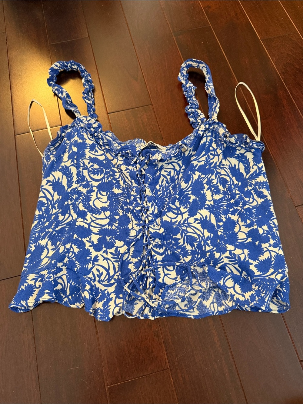Blue Floral Lace-Up Cami Top